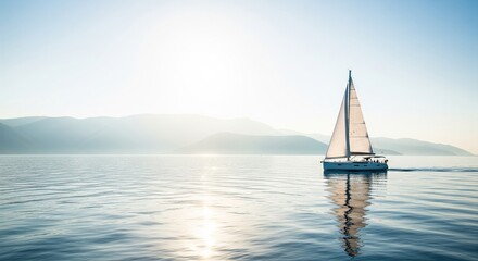 Fototapeta premium A lonely white sailboat gliding on perfectly calm, glassy sea water with beautiful reflections under a bright, misty sky and distant mountains