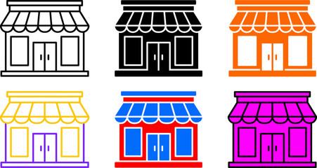 Fototapeta premium Colorful storefronts with awnings and doors and windows icons various