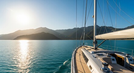 View from the deck of a modern luxury sailboat or yacht cruising on calm turquoise sea water towards mountains at sunset or sunrise with bright sun flare.