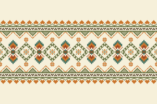 Horizontal pixel pattern featuring geometric diamond motifs in orange, teal, olive green, and brown on a light beige background. Repeating ornamental band for textile and surface design.