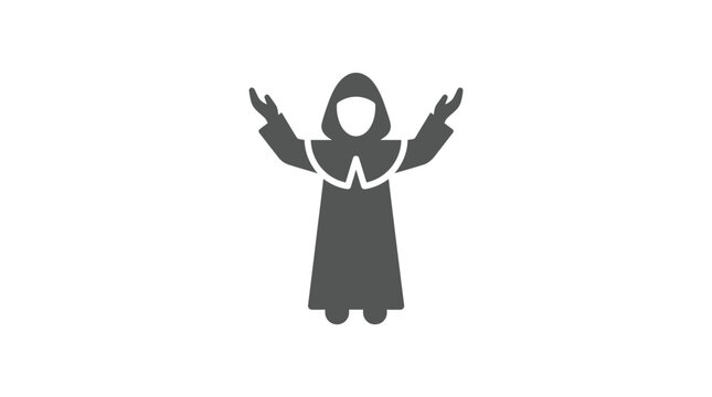 A minimalist flat vector icon of a praying monk with raised arms.