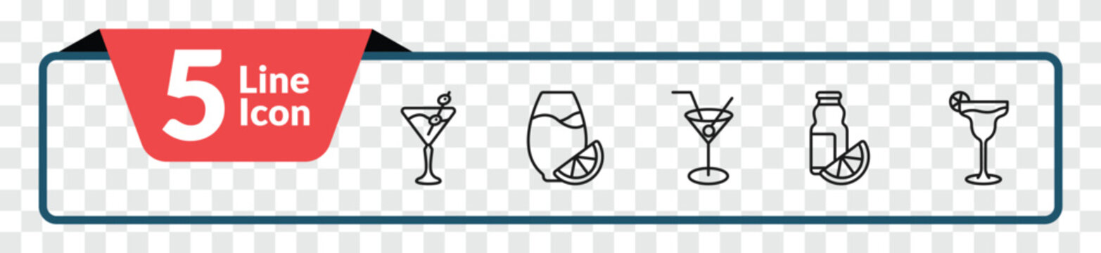 outline drinks icons set - 007 martini, fruit juice, juice bottle, margarita. editable vector for web and mobile ui