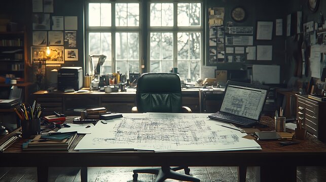 Architect Office Desk with Blueprints and Laptop.