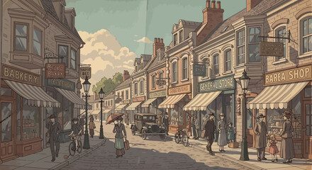 Vintage street scene with people, shops, and vintage car, evoking nostalgia and history. © berkah
