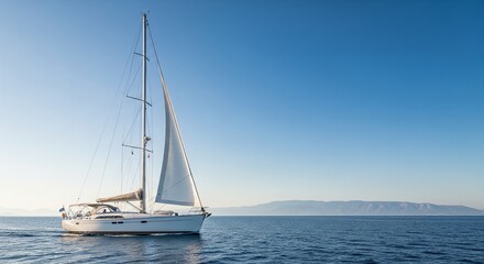 Fototapeta premium A white sailing boat with its mainsail lowered and only the jib sail up, cruising near a mountainous coastline