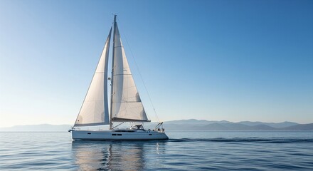 Fototapeta premium A white cruising yacht sailing near a coast with soft blue mountain silhouettes in the background