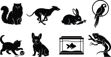 Obraz premium Domestic and exotic pets black silhouettes vector icon set isolated on white background