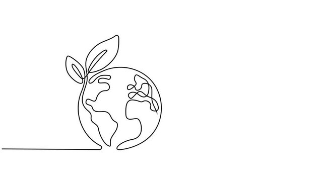 earth with leaf continuous one line drawing animation, Leaf with Earth globe continuous line drawn animation. Animated linear world map with plant. Save Planet concept video. Full length one line
