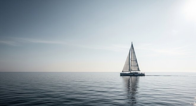 A minimalist view of a white sailboat on smooth water with the bright sun shining from the upper right corner