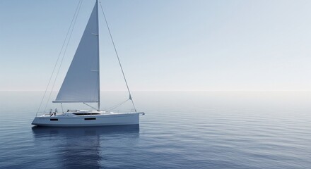 Fototapeta premium Side profile of a modern white sailing yacht with a large triangular sail up on a calm misty sea