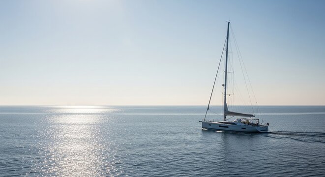 A white sailboat with a tall mast moving forward on glittering sea water with a bright sun trail on the left side.