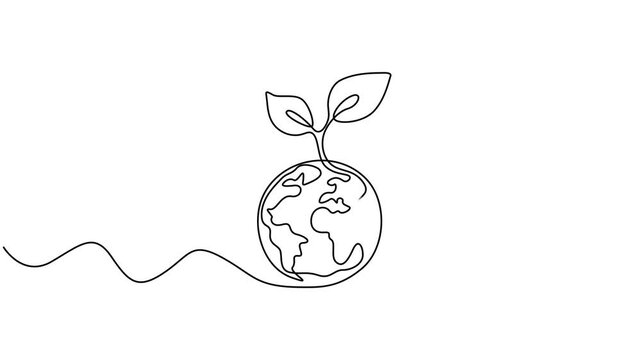 earth with leaf continuous one line drawing animation, Leaf with Earth globe continuous line drawn animation. Animated linear world map with plant. Save Planet concept video. Full length one line