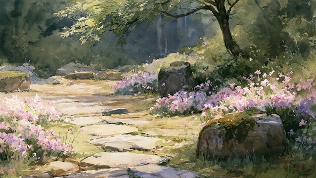 春の花々に囲まれた庭園の小径 水彩画風ナチュラル背景イラスト