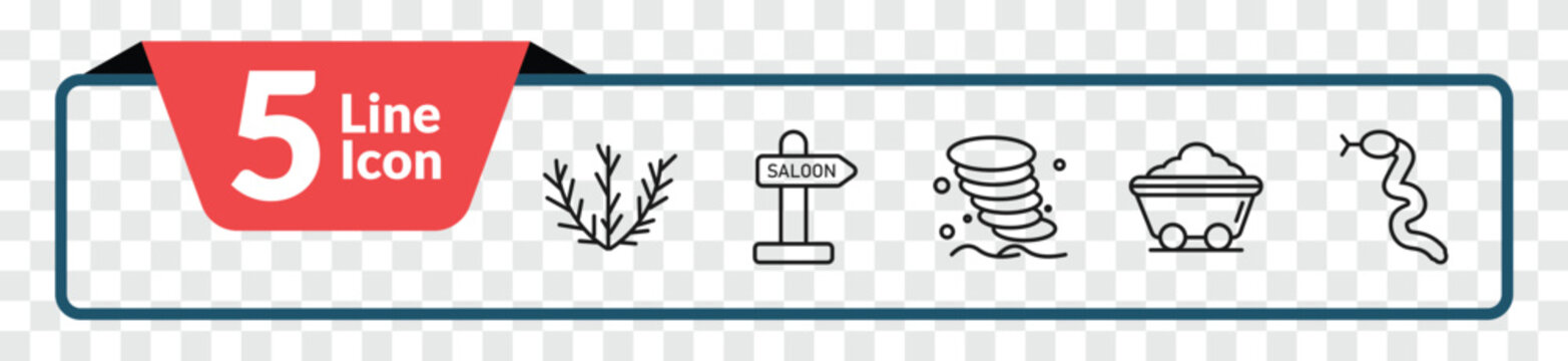 outline desert icons set - tumbleweed, wild west saloon, mine wagon, crotalus. editable vector for web and mobile ui
