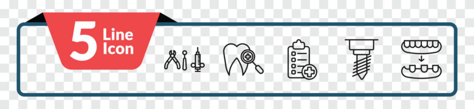 outline dentist icons set - dental hook, dental checkup, implant fixture, overdenture. editable vector for web and mobile ui