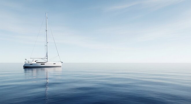 A white modern sailboat with no sails up floating on a calm light blue sea under a soft cloudy sky