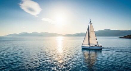 Fototapeta premium Beautiful wide shot of a luxury sailboat cruising under full sail on the open blue sea during a bright sunny day with a sunburst and distant hills.