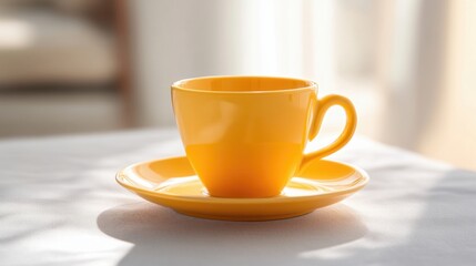 Obraz premium Bright Orange Coffee Cup and Saucer on Clean Table