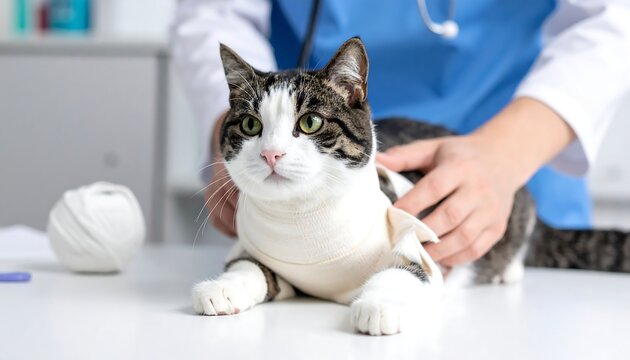 A cat lies on a table with a bandaged torso being examined