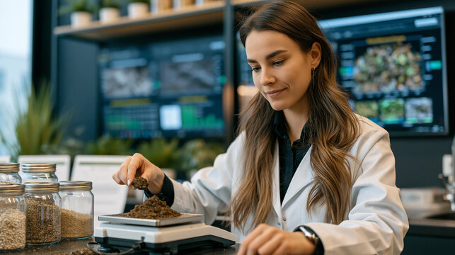 Food technology researcher weighs dried black soldier fly protein flour on an analytical balance in a product development kitchen, insect bioconversion efficiency charts on a wall monitor and protei