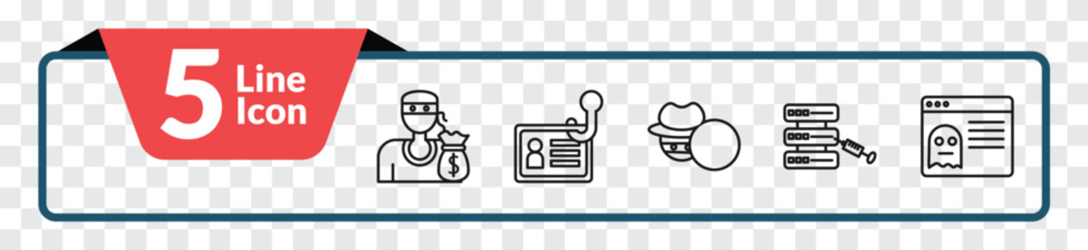 outline cyber icons set - theft, identity theft, code injection, rootkit. editable vector for web and mobile ui
