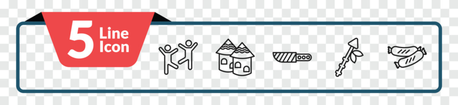 outline culture icons set - capoeira brazil dancers, indian village, native american spear, chorizo. editable vector for web and mobile ui