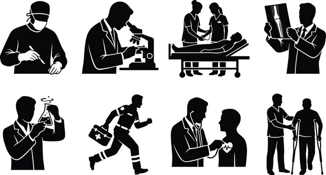 Medical professionals doctors and healthcare workers black silhouette icon set isolated on white background