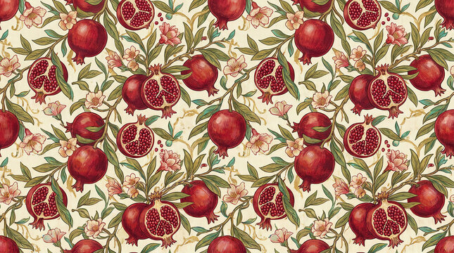 Vintage pomegranate fruit pattern with blooming flowers and green leaves on cream background in botanical illustration style.