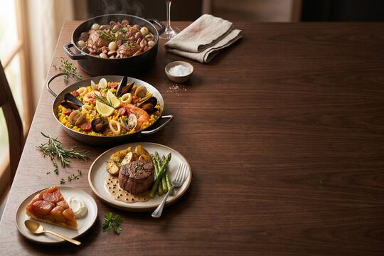 Gourmet dining with Spanish paella, beef tenderloin, coq au vin, and apple tarte on a wooden table
