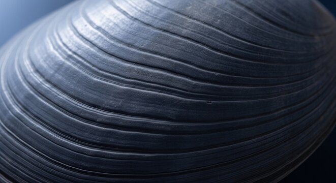 Macro photography of a textured gray seashell, focusing on the concentric ridges and curved lines under soft lighting