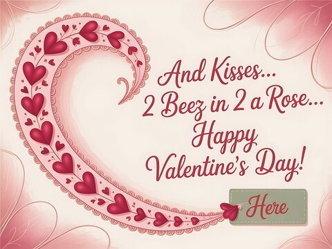 Valentines day card with heart and bee pun on love and kisses