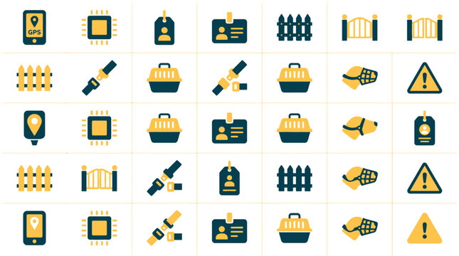 Pet safety icons: GPS, microchip, ID tag, carrier, muzzle, fence, gate, seatbelt