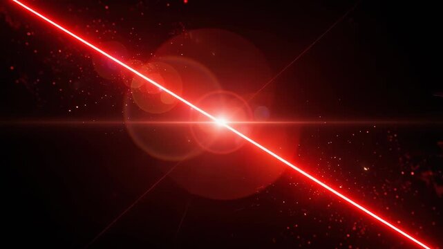 Powerful red laser beam cutting through darkness with vibrant light flares and glowing effects in dramatic night scene