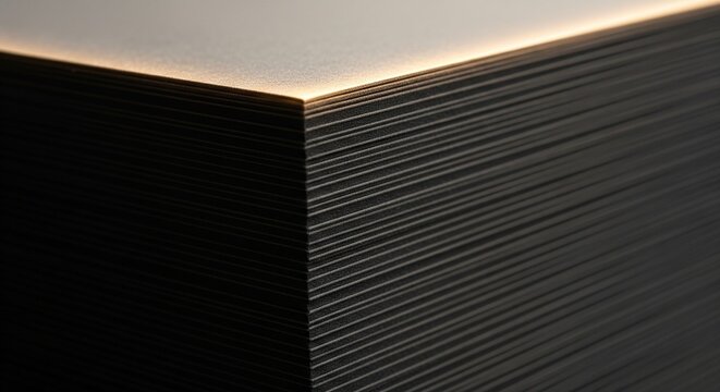 Close-up of a stack of black paper sheets with warm rim lighting
