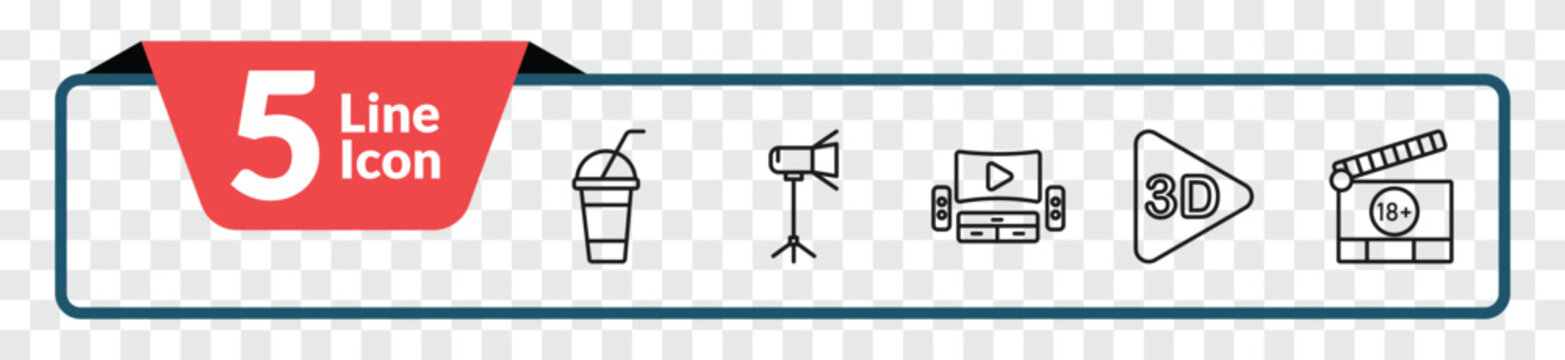 outline cinema icons set - smoothie with straw, movie light, 3d video, plus 18 movie. editable vector for web and mobile ui