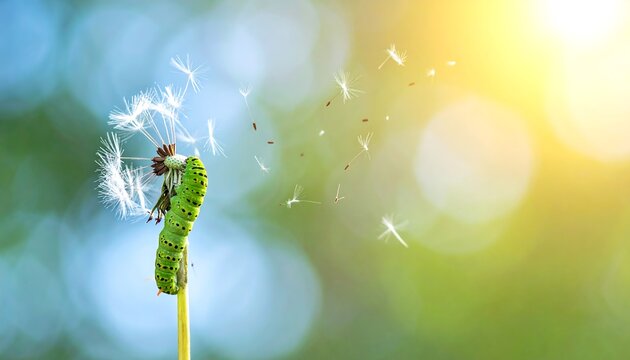 A caterpillar perches on a dandelion clock, surrounded by flying seeds against a blurred sunny background
