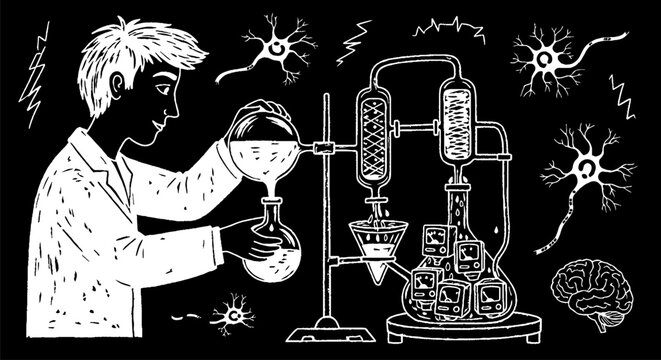 Illustrated scientist conducting intricate brain chemistry experiments.