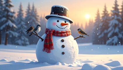 Obraz premium A cheerful snowman wearing a hat and scarf with two birds on sticks