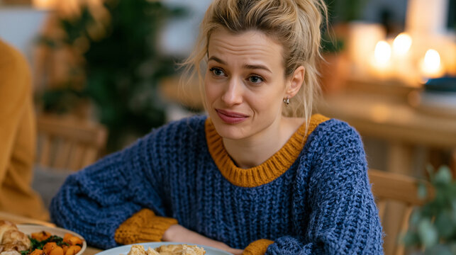 woman at a dinner table practicing saying no to relatives passing dishes, subtle discomfort on her face, people-pleasing recovery, family dynamics healing, boundary setting behavior, psychological g