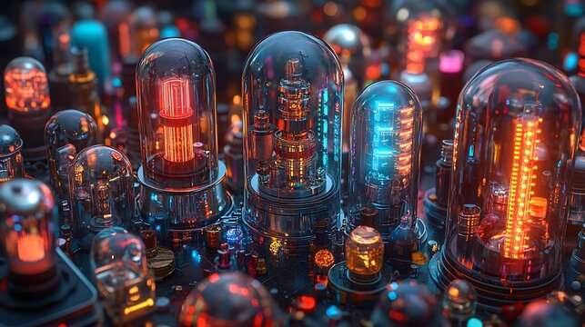 Glowing Vintage Vacuum Tubes on Circuit Board.