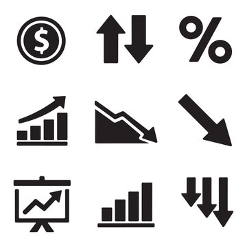 Financial Analytics Icon Set with Dollar Coin, Percentage Symbol and Growth Charts