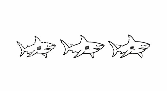 Three stylized black and white shark illustrations side by side.