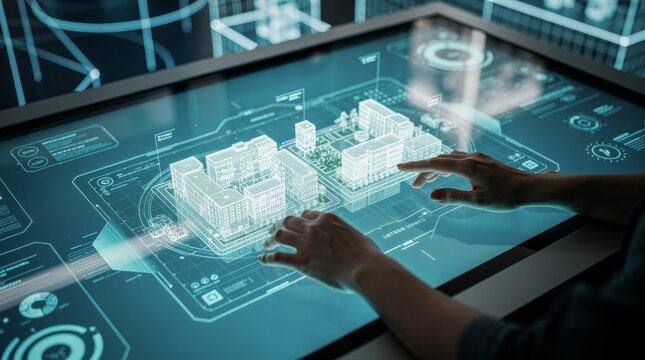 Hands Interact With Futuristic Architectural Hologram on Digital Display
