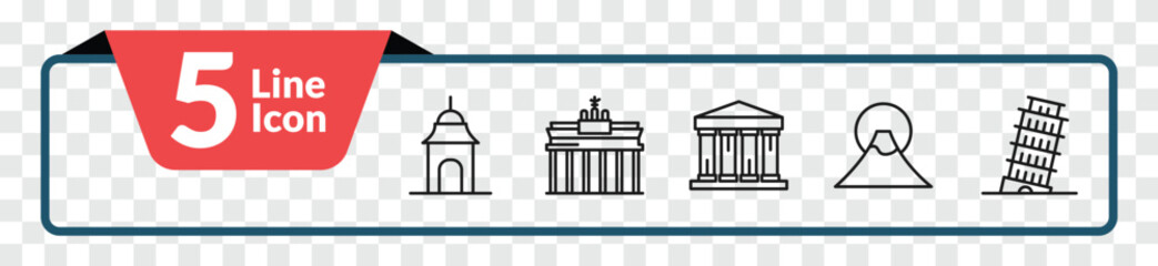 outline buildings icons set - hindu temple, brandenburg gate, fuji mountain, pisa tower. editable vector for web and mobile ui © IconArt