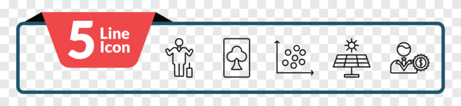 outline business icons set - man succesing, club card, graphic panel, man with money gears. editable vector for web and mobile ui