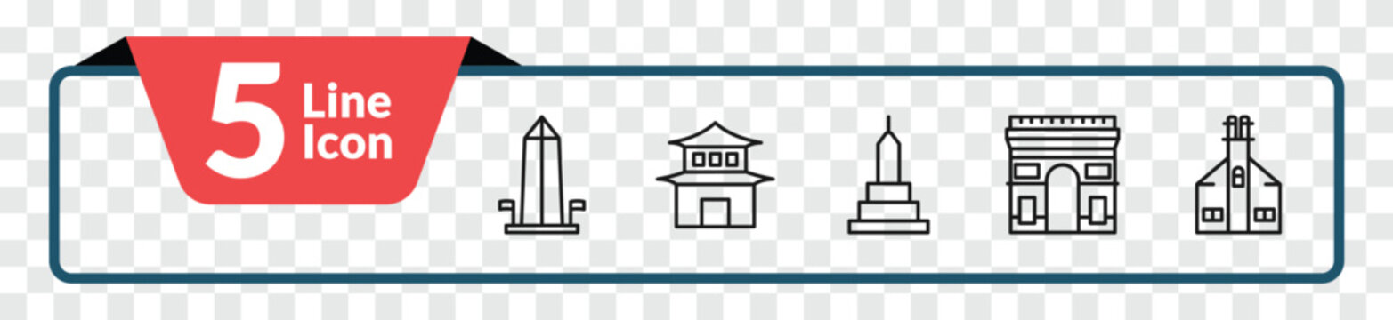 outline buildings icons set - washington monument, pagoda, arc de triomphe, moot hall. editable vector for web and mobile ui