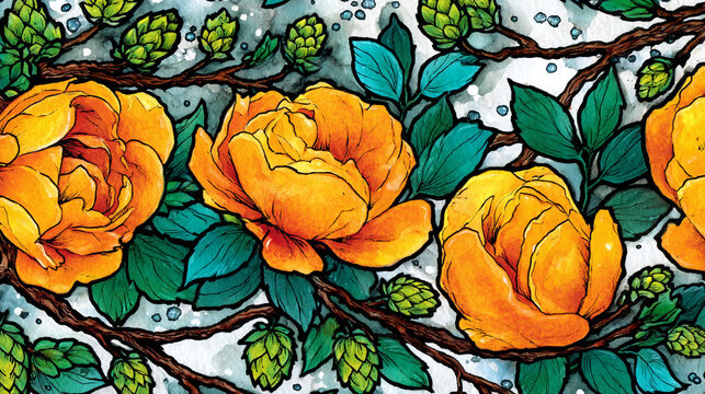 Hand painted floral botanical pattern featuring yellow peony flowers and green hops