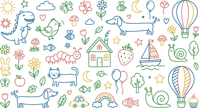 Cute Colorful Doodle Set with Animals Nature and Objects for Kids Design