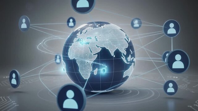 Rotating digital globe with glowing connections and user icons representing global communication and networking