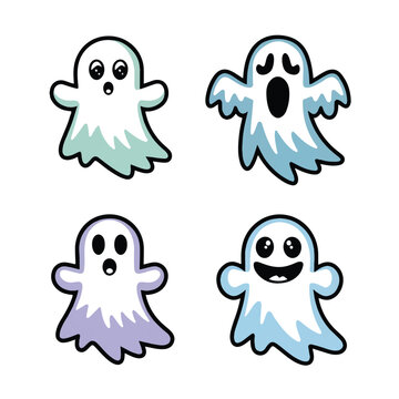 Set of Four Friendly Ghost Characters with Expressive Faces and Waving Arms Vector Illustration